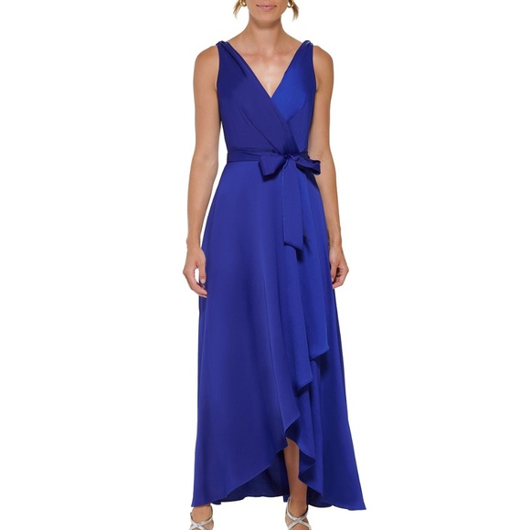 Satin V-Neck Belted Faux-Wrap Gown - Picture 1 of 1